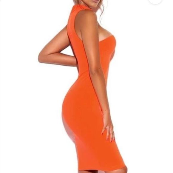 🔥Jolene Orange Neck Cutout Stretch Crepe Dress - Picture 2 of 6